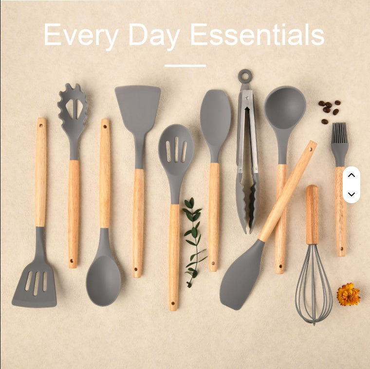 Premium Non-Stick Silicon 12 Pcs Heat Resistant Wooden Handle Kitchen Cooking Utensils Set, Gray Color