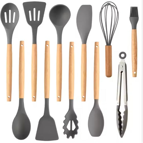 Premium Non-Stick Silicon 12 Pcs Heat Resistant Wooden Handle Kitchen Cooking Utensils Set, Gray Color