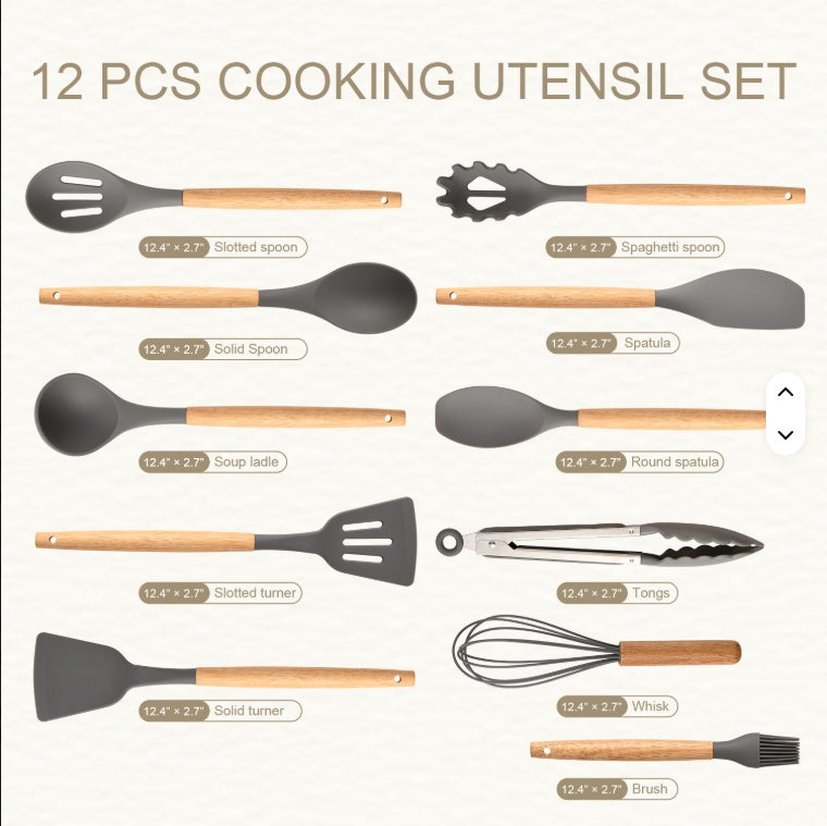 Premium Non-Stick Silicon 12 Pcs Heat Resistant Wooden Handle Kitchen Cooking Utensils Set, Gray Color